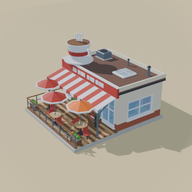 A corner coffee shop with a striped awning and a giant cup on the roof.