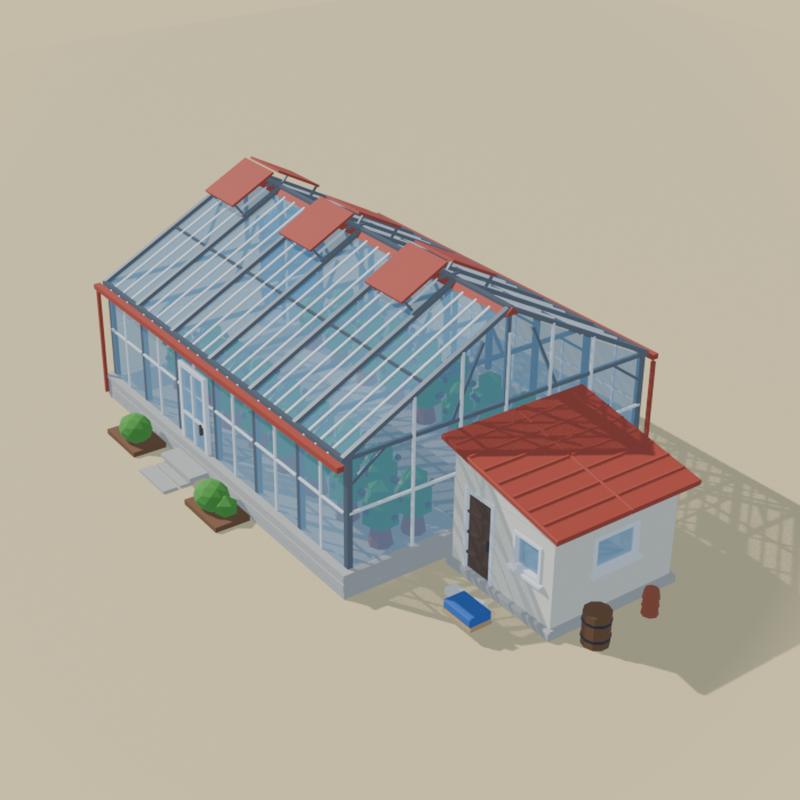 A glass greenhouse with a potting shed.