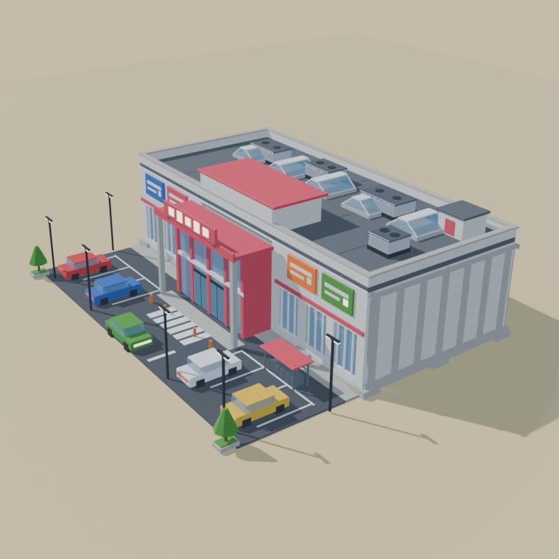 A shopping mall with a car park.