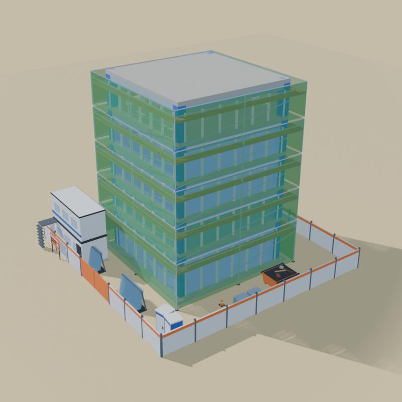 An office tower under green construction netting, inside a hoarded site.