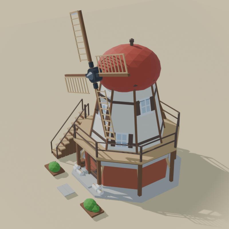 A windmill with a red cap and a wooden gallery.